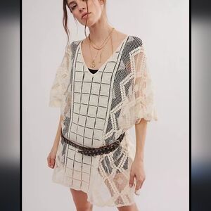 NWOT Free People Ivory Cream Sunshine Crochet Kaftan Top Tunic Free Size